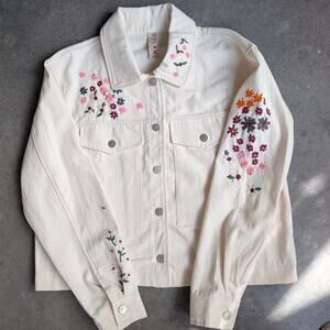 Anthropologie Embroidered Denim Jacket Size Large Layering Spring DOLAN Floral